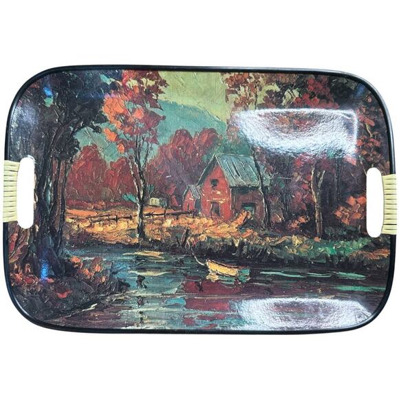 Vintage Mid Century Serving Tray Village Scene Handles Retro Kitchen Decor Japan - Picture 1 of 7